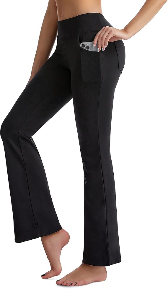 CAMBIVO Ladies Stretch Bootleg Trousers, Comfy Soft Flared Leggings with Pockets and Elasticated Waist for Sports