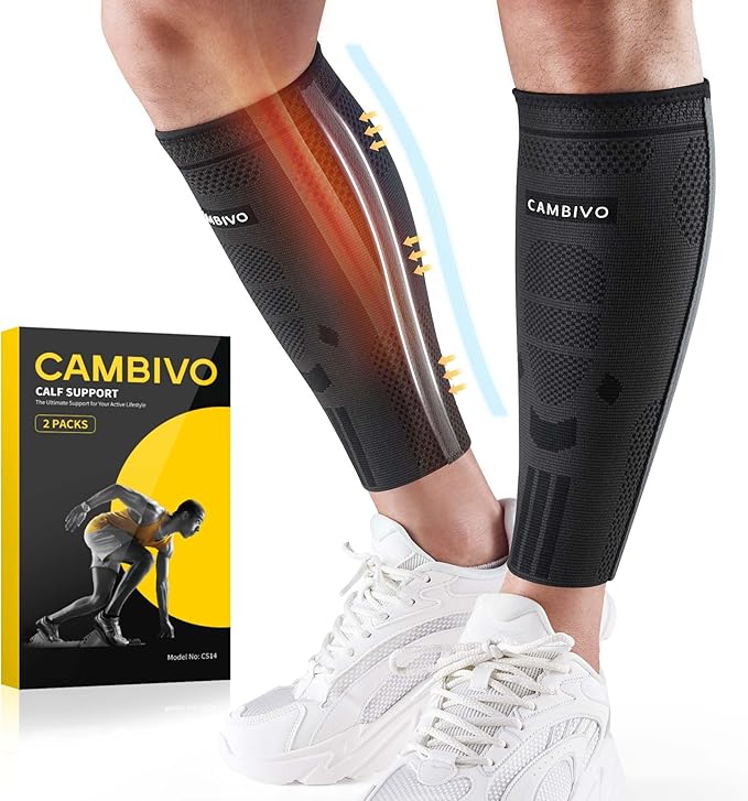 CAMBIVO Calf Compression Sleeve Men & Women 2 Pack, Shin Splints Support with Dual Stabilizers & 3D Textures for Varicose Vein & Shin Splint Relief