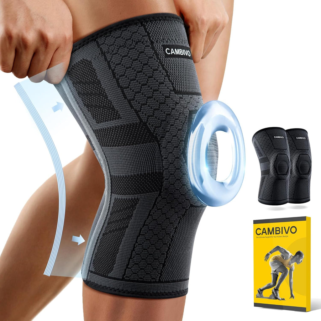CAMBIVO Knee Support Men Women 2 Pack, Upgraded Knee Brace Compression Sleeve with Side Stabilizers Patella Gel Pad
